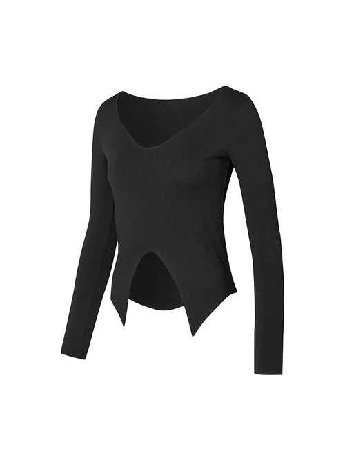 Ribbed Front Slit Long Sleeve