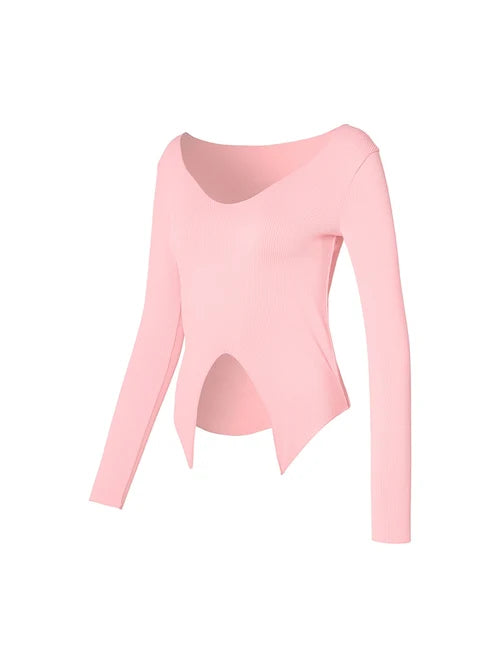 Ribbed Front Slit Long Sleeve